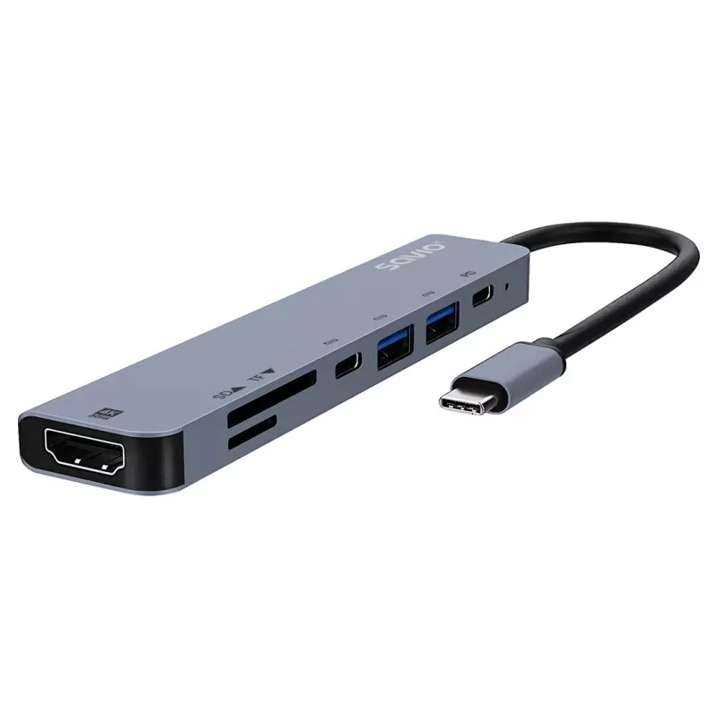 USB Type-C hub SAVIO AK-82 with HDMI, MicroSD, USB 3.2 Gen1, PD passthrough, 4K@30Hz, 5000 Mbit/s, black