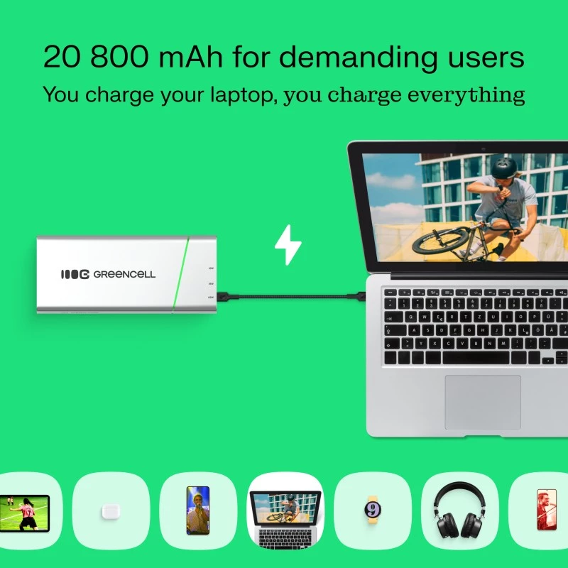 Portable battery Green Cell BPLGC20P 20800 mAh Lithium‑Ion, USB‑C PD 65W, 2x USB‑C + 1x USB‑A, aluminium housing