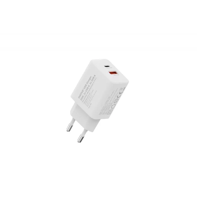 AC USB Charger DIGITUS 20W, 1x USB-C, 1x USB-A, Input 100–240V, White