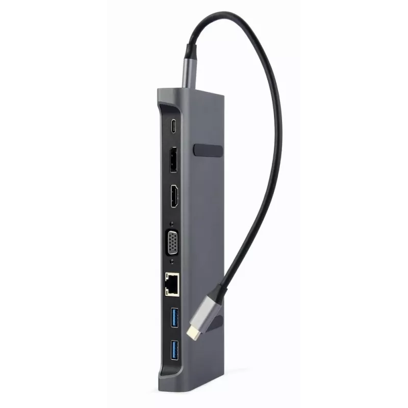 Laptop dock Gembird A-CM-COMBO9-02 USB 3.2 Gen 1 Type-C, HDMI, VGA, 3×USB-A, Gigabit Ethernet, 87W PD, Grey