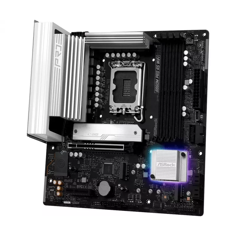 Motherboard ASRock B860M Pro RS WiFi — Intel B860, LGA 1851, micro ATX, DDR5, 4 DIMM, 3x M.2, 2.5Gb LAN, Wi‑Fi, Bluetooth