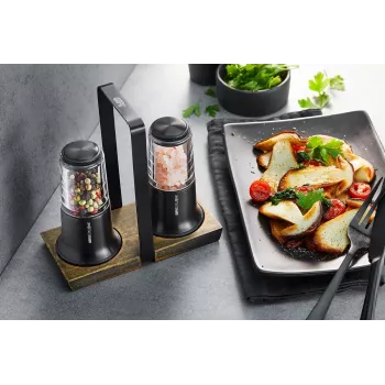 Salt and Pepper Mill Set GEFU X-plosion 11 cm Black — manual tabletop grinders, ceramic mechanism