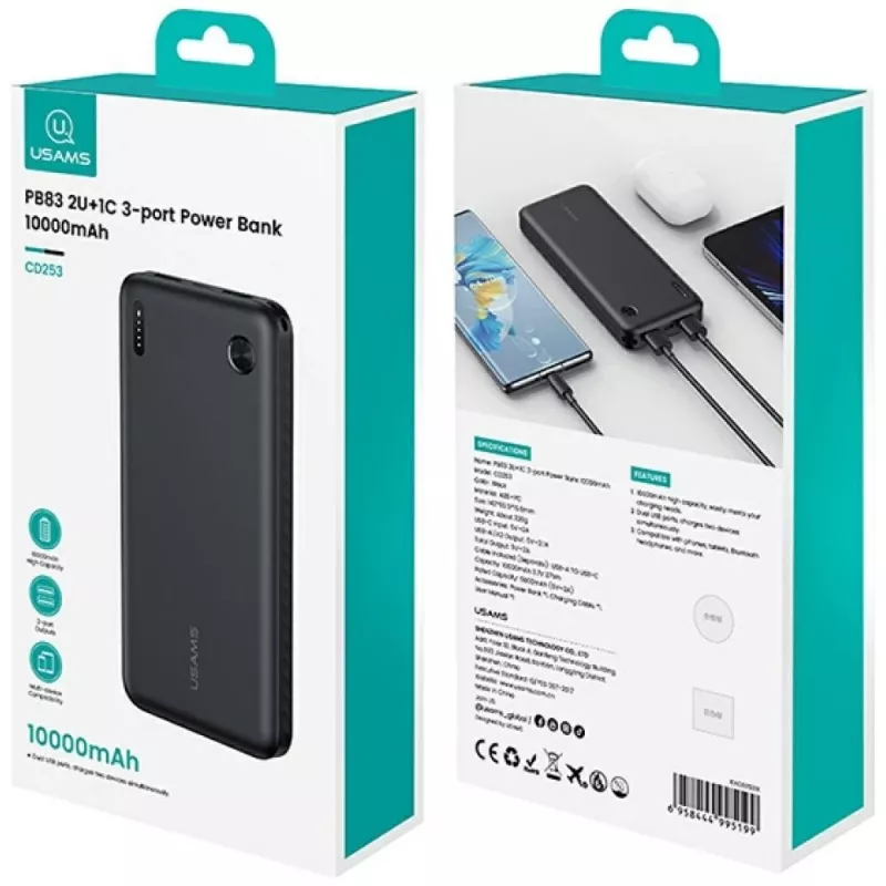 Power bank usams PB83 10000mAh PD 2×USB-A USB-C white