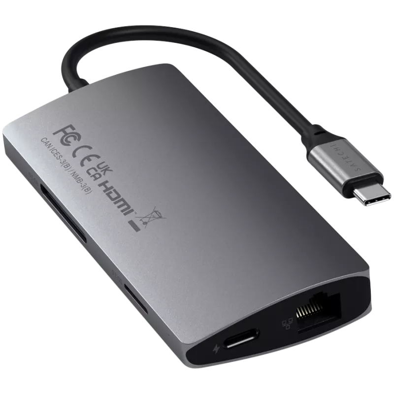 Satechi Aluminium Adapter V2 USB-C (USB-C, 3x USB-A, 4K HDMI, czytnik kart micro/SD, Ethernet) (starlight grey)