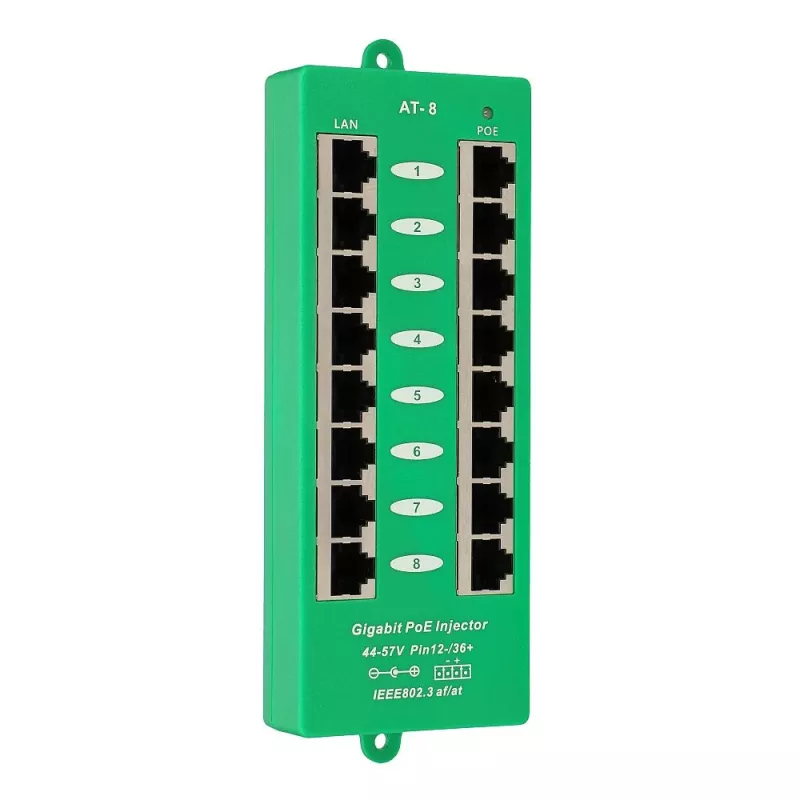 Extralink Gigabit PoE Injector 8 Port Active, 8 ports Gigabit 802.3at/af, Mode A