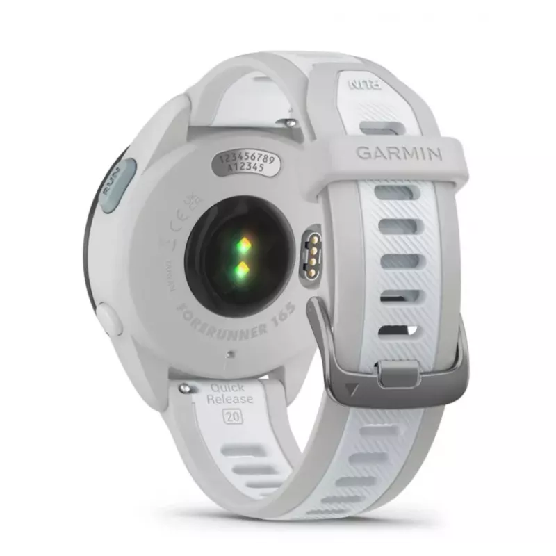 Smartwatch GARMIN Forerunner 165 — GPS, AMOLED 1.2 inch, 4 GB, 5 ATM, 11 days battery, Grey case, White strap