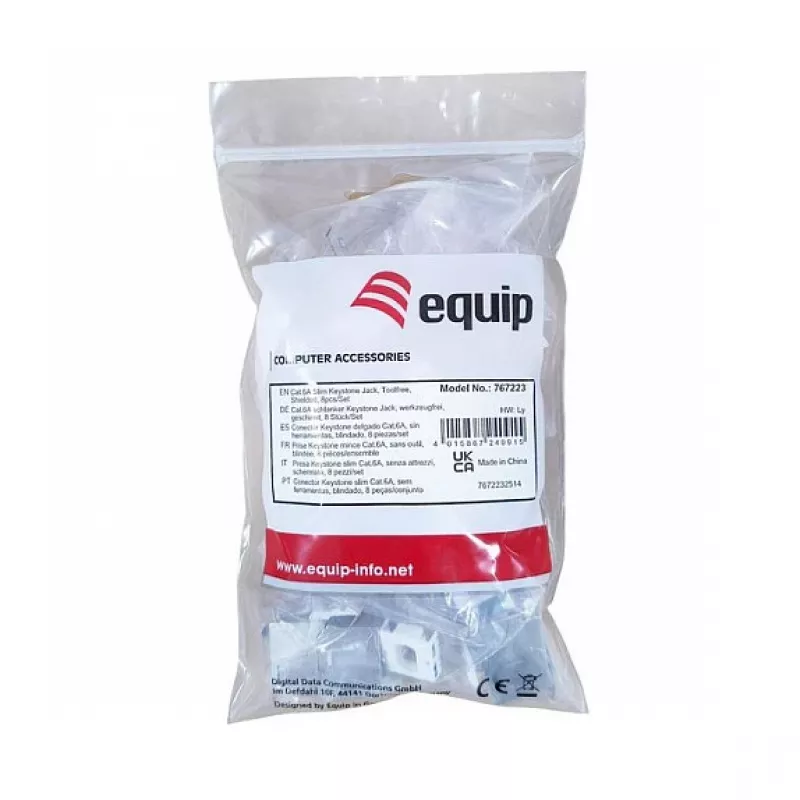 Shielded Cat.6A Slim Keystone Jack, EQUIP 767223, Toolfree, RJ-45, Flat, Silver, 8 pcs