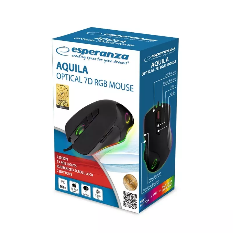 Optical gaming mouse ESPERANZA EM132 — 7 buttons, 7200 DPI, RGB, right-hand, USB 2.0, 1.5 m cable