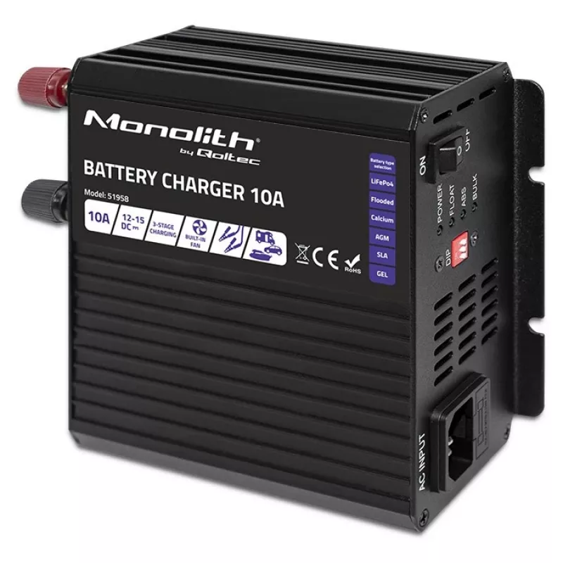 Qoltec Smart Monolith Battery Charger for LiFePO4 AGM GEL SLA batteries | 10A | 12V