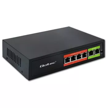 Ethernet PoE Switch QOLTEC 52289 — 4x RJ45 PoE ports, 2x RJ45 uplink, 65W power budget