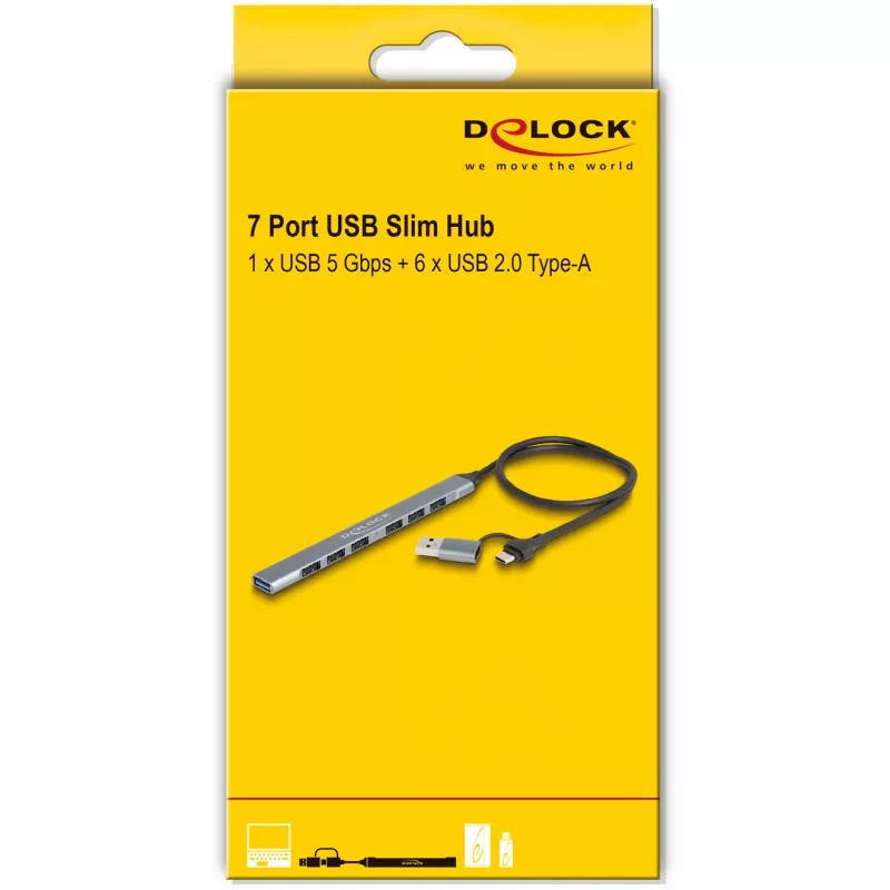 DELOCK 4 Port Slim USB Hub — USB 3.2 Gen 1 Host Type-C, 3× USB 5 Gbps Type-C + 1× USB 5 Gbps Type-A, Grey, Metal