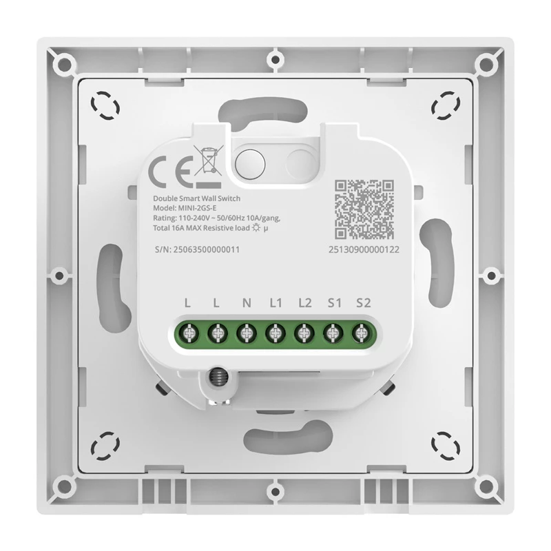 Two-channel smart wall switch Sonoff MINI-2GS-E — compact in-wall relay for two circuits, Matter-compatible