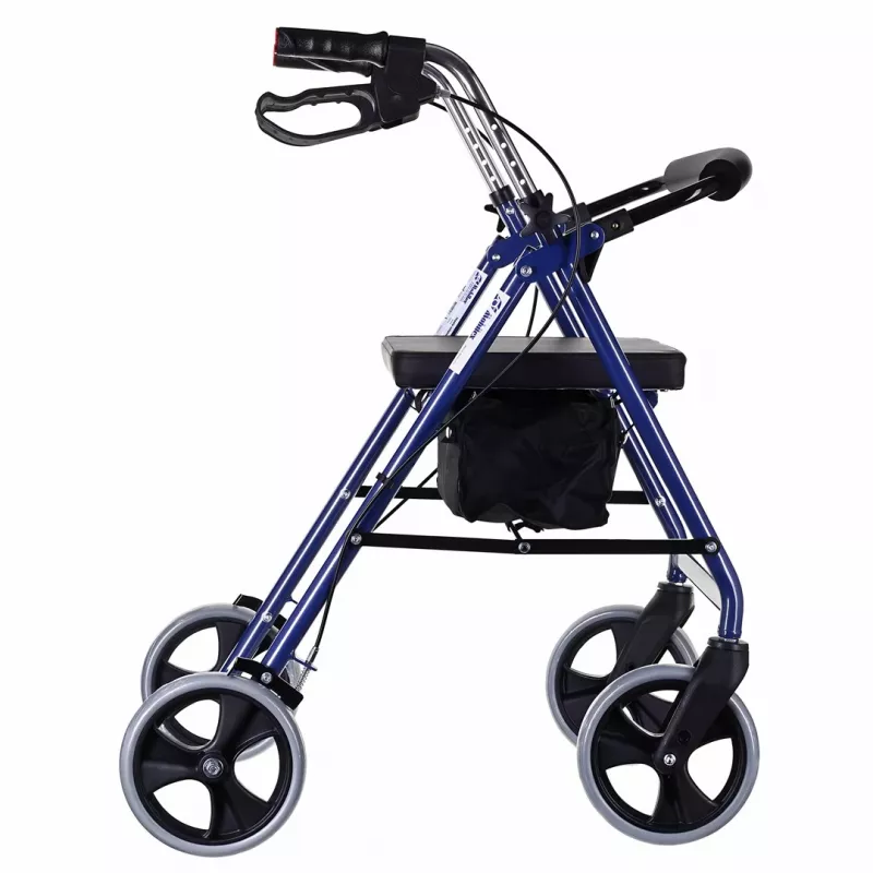Four-wheel rollator walker with seat, blue/black