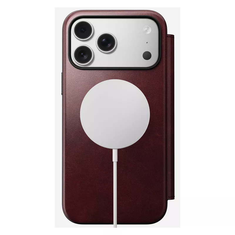 Mobile phone cover Nomad Modern Leather Folio for iPhone 17 Pro Max — leather, TPU, PC, aluminium, burgundy, 16 cm (6.3 inch)