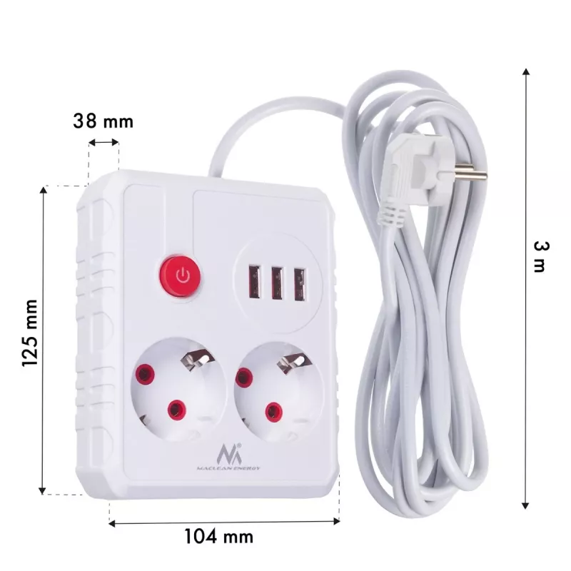 Power strip MACLEAN MCE388 W — 2 sockets, 3×USB, 110–240V, 2500W, 3 m cable, white