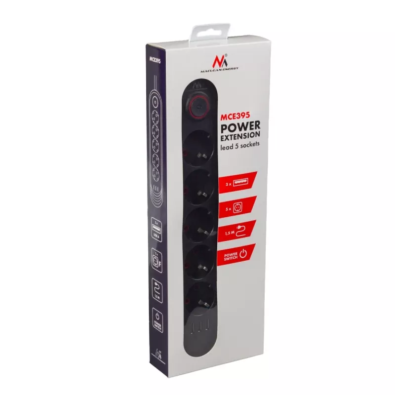 Power strip MACLEAN MCE395 B — 5 sockets, 3×USB, 110–240V AC, 2.1A USB, 2500W, 1.5 m cable, black