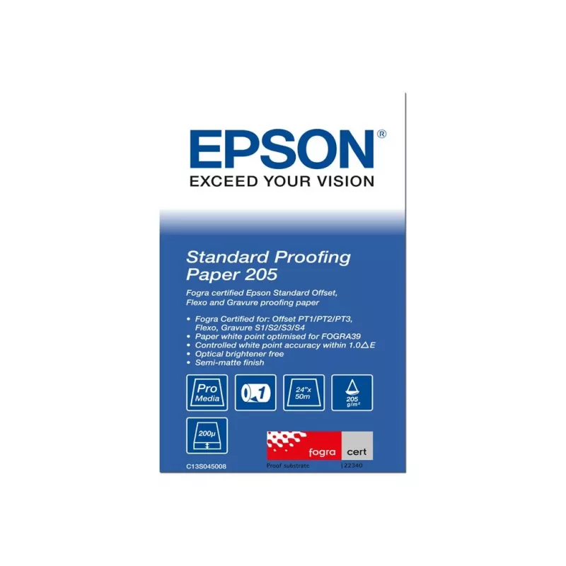 Epson Standard Proofing Paper, 24 inch x 50m, 205g/m², 50 m, 61 cm, 61 cm (24 inch), Semi-matt, 200 µm, 205 g/m²