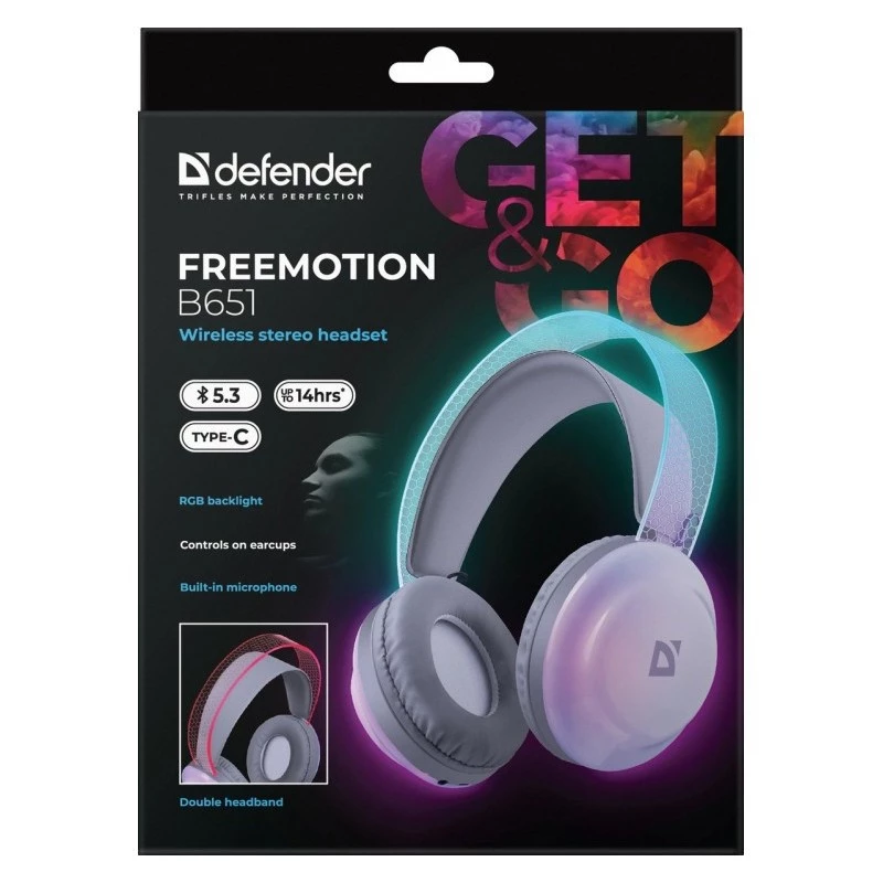 Wireless head-band headphones DEFENDER Freemotion B651 — binaural, closed acoustic, 20–20000 Hz, 105 dB, USB-C, AUX