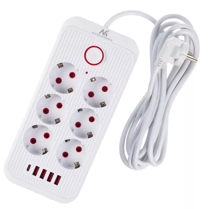 Power strip MACLEAN MCE391 W — 6 sockets, 4×USB-A + 1×USB-C, 3 m cable, 110–240V, 2500W, white