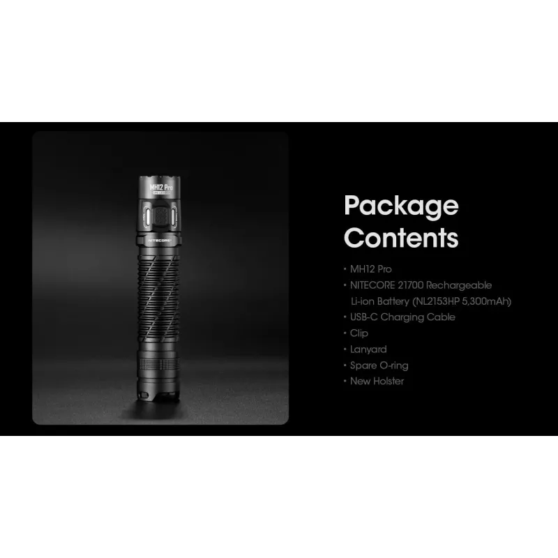 Hand flashlight Nitecore MH12 Pro Black LED 3300 lm USB-rechargeable 5300 mAh, aluminum, 138.5 mm, 81.5 g, waterproof 2 m