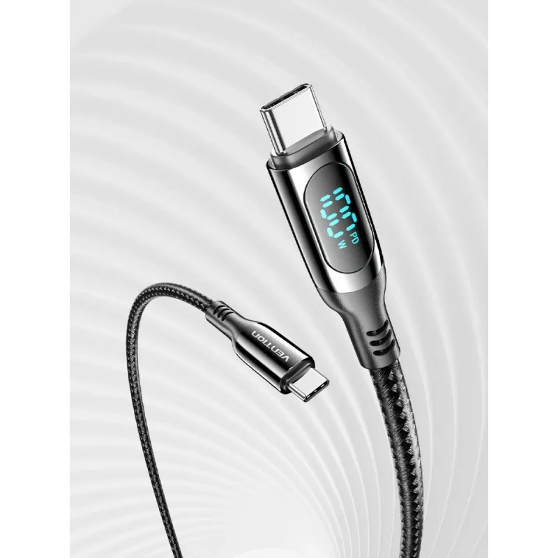 Vention Cotton Braided USB 2.0 C Male to C Male 5A Cable With LED Display 1.2M Black Zinc Alloy Type