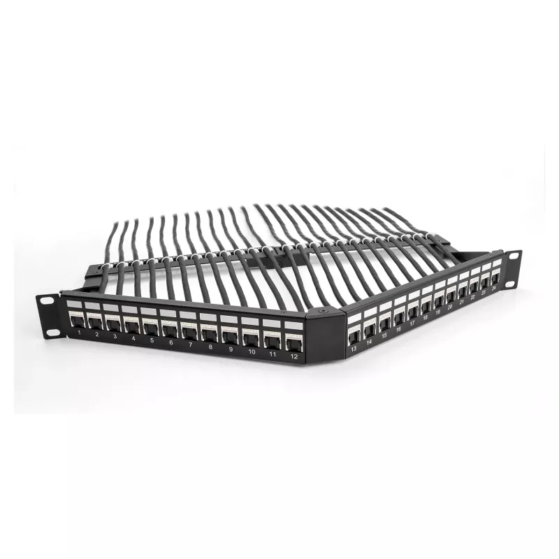 DeLOCK 19 inch Keystone Patch Panel 24 port with strain relief 1U angled black