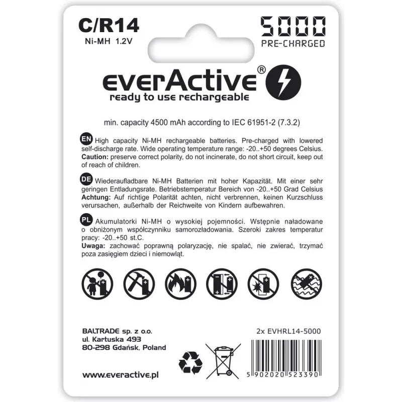Rechargeable NiMH cylindrical battery everActive EVHRL14-5000, 1.2 V, 2 pcs, 51.5 mm height