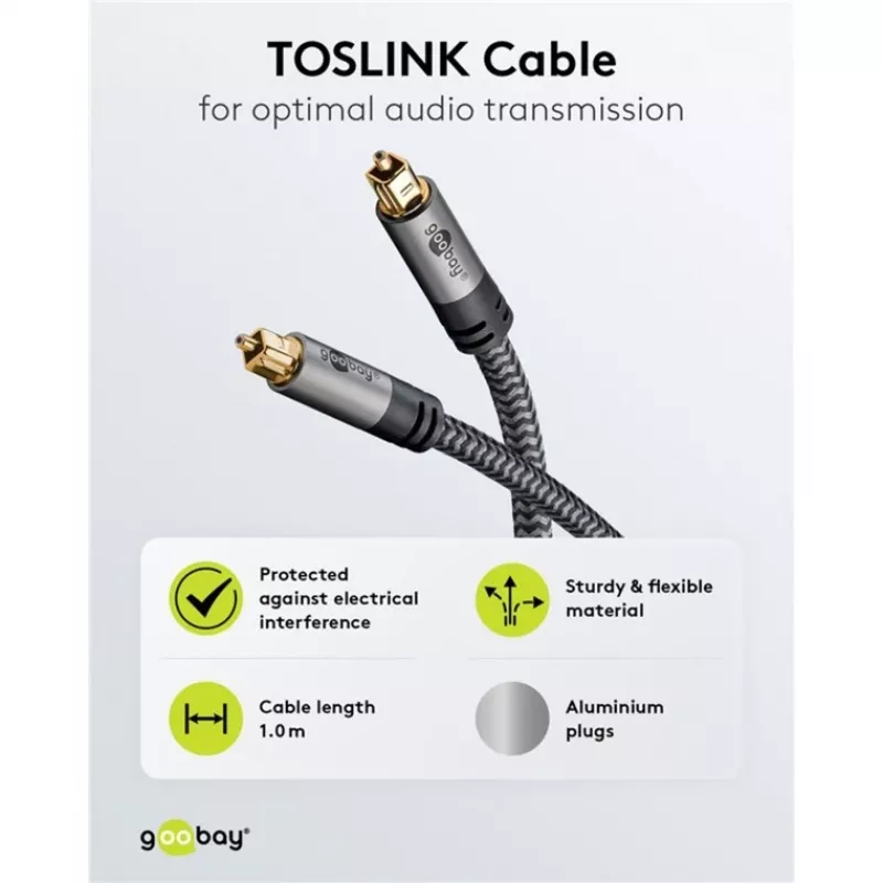 Goobay 65308. Anschluss 1: TOSLINK, Steckverbinder 1 Geschlecht: Männlich, Anschluss 2: TOSLINK, Steckverbinder 2 Geschlecht: Männlich, Kabelmaterial: