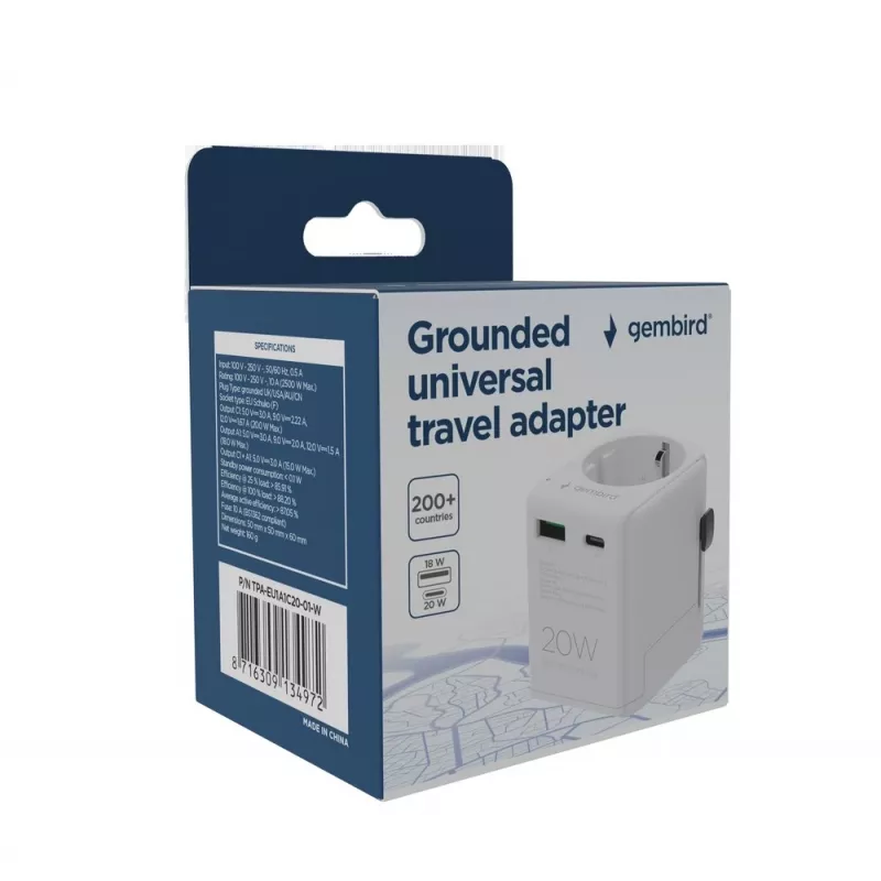 Travel power adapter GEMBIRD TPA-EU1A1C20-01-W 20W, USB-A 18W + USB-C 20W, Schuko socket, input 100–250V