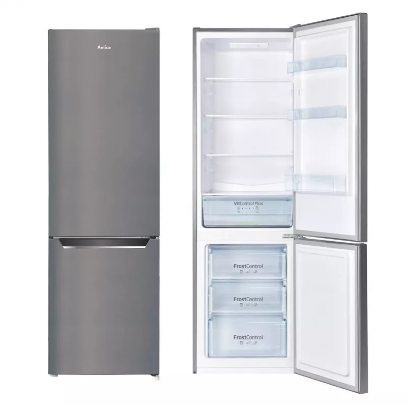 Fridge-freezer AMICA FK2525.4UNTX(E) freestanding 250L, silver, bottom freezer, R600a