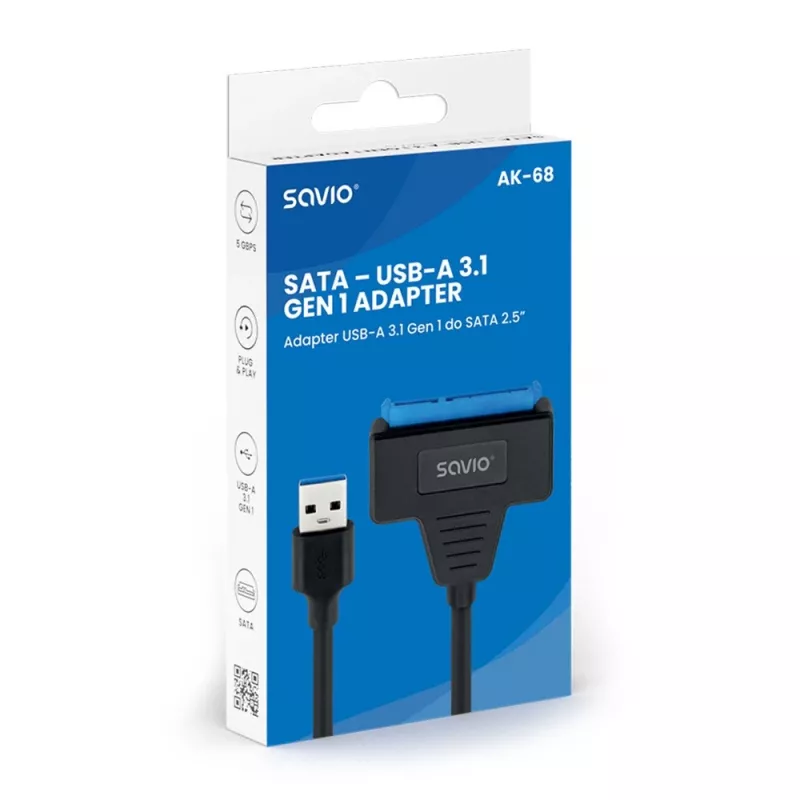 SAVIO SATA to USB 3.1 Gen 1 interface cable AK-68, SATA female to USB-A male, 5 Gbit/s, 0.25 m, black
