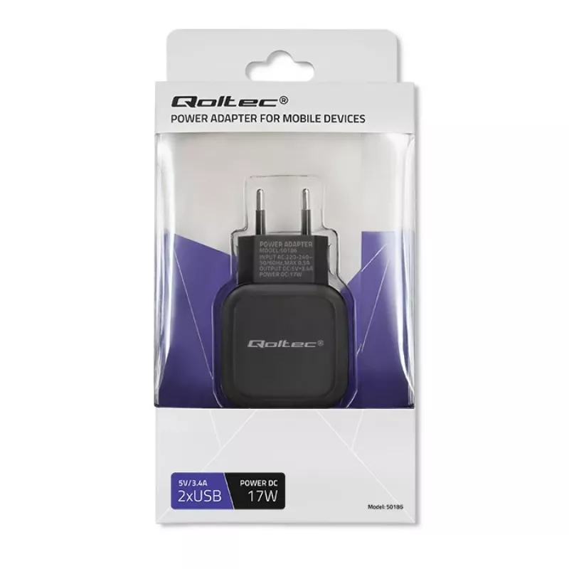 AC Indoor Charger QOLTEC 50186 for Smartphone and Tablet, 5 V 3.4 A, 17 W, 2× USB, Black