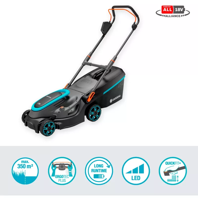 Battery-Lawn Mower PowerMax 37/36V P4A Ready-To-Use Set, 36Volt (2x18V) (black/Grey, 2x Li-Ion Battery 4,0Ah, POWER FOR ALL ALLIANCE)