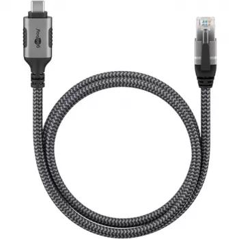 Ethernet-Cable USB-C 3.2 Gen2 Plug > RJ-45 Plug, LAN-Adapter black/Silver, 1,5 Meter, braided textile jacket