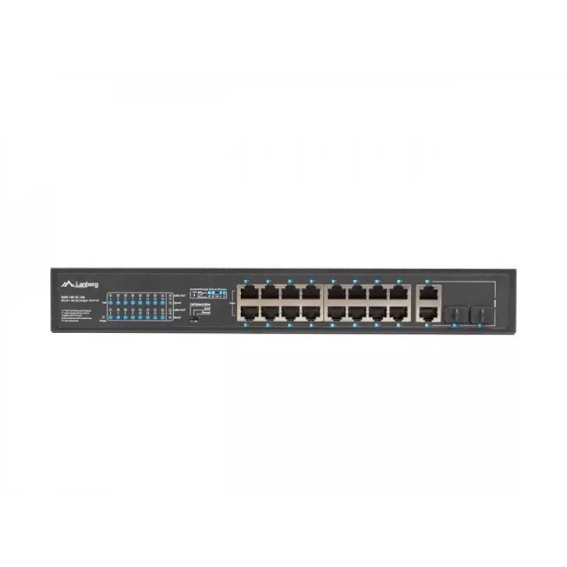 Unmanaged switch LANBERG RSFE-16P-2C-150 — 18-port Gigabit, 16 PoE+/2 SFP, 150 W total, 1U rack, metal, black