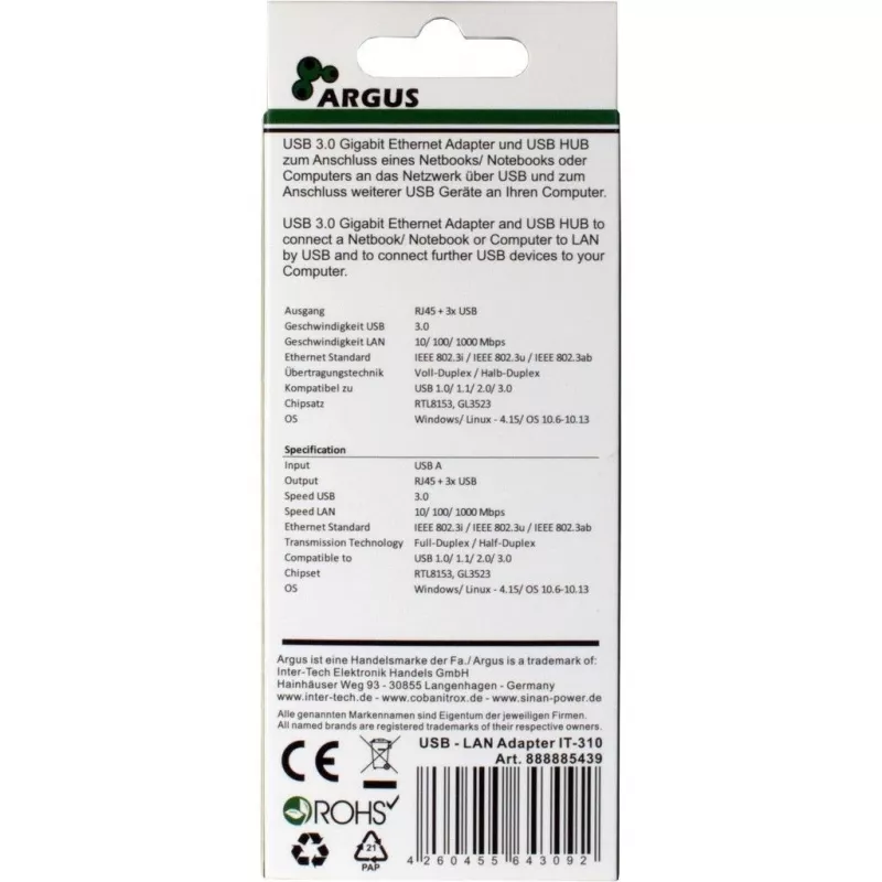 Inter-Tech Argus IT-310 - Hub - 3 x SuperSpeed USB 3.0 + 1 x 10/100/1000 - Desktop (88885439)