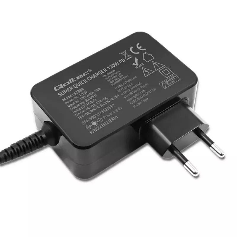 Qoltec PD 120W Turbo Fast Charger | 5-28V | 3-4.5A | USB-C | Black