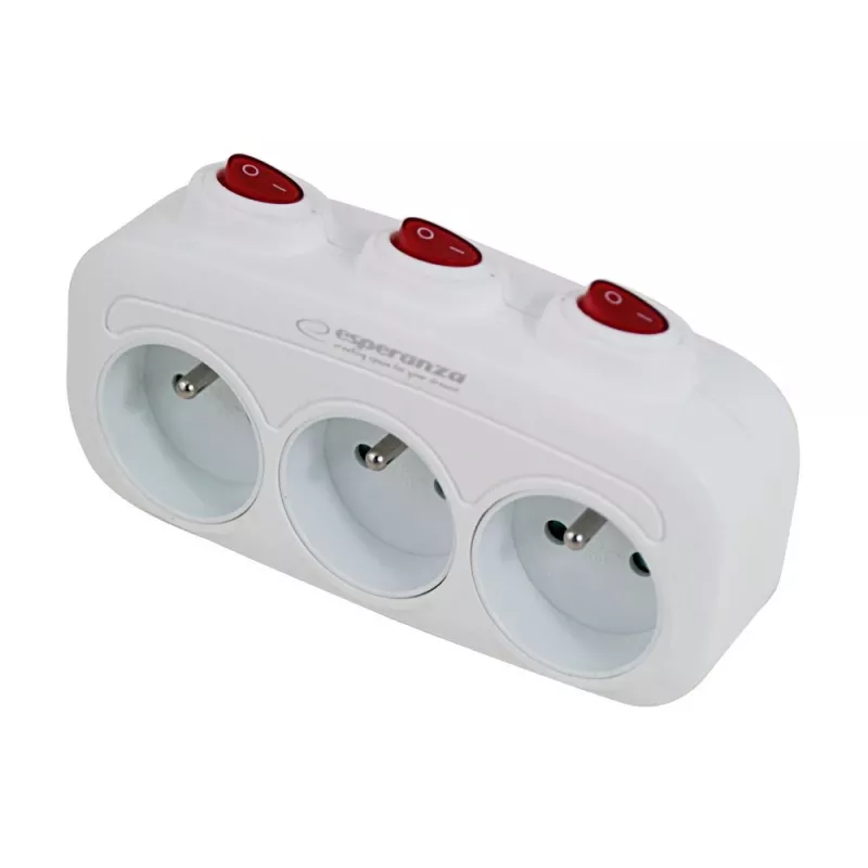 Power splitter ESPERANZA ELK307W — 3-socket switched indoor adapter, Type E plug, 220–240V, 16A, 3680W, white