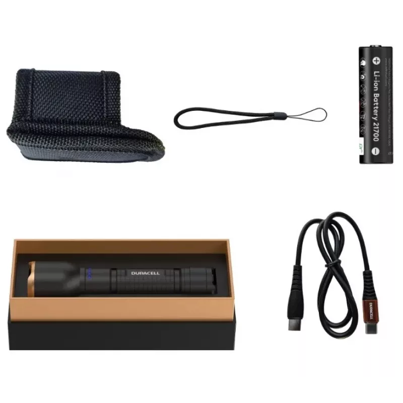 Flashlight Duracell DF2500R — black, handheld rechargeable torch