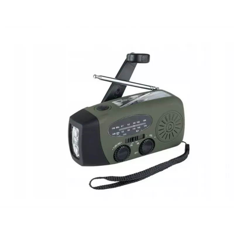 Emergency radio FOSCO 464600 with LED torch, power bank, FM, IPX3, solar/manual/USB-C — green/black