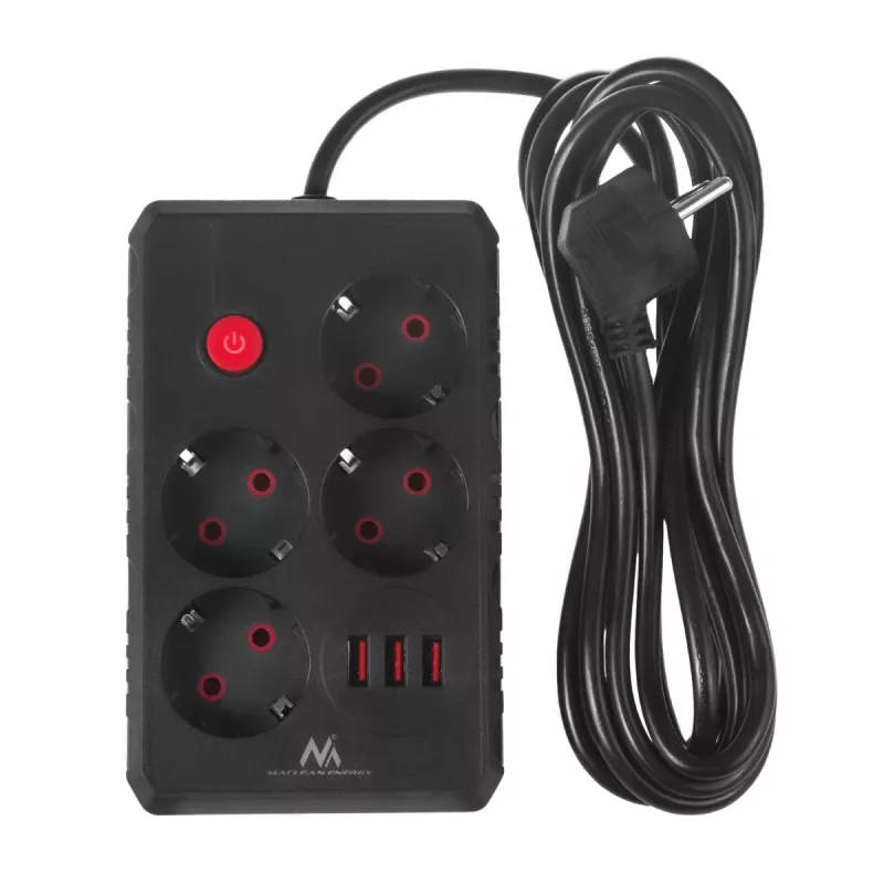 Power strip MACLEAN MCE393 B — 4 sockets, 3×USB, 110–240V, 2500W, 3 m cable, black