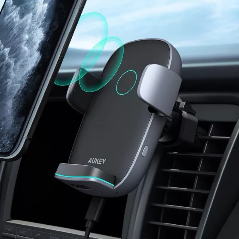 Wireless Charging Phone Mount Aukey HD-C52 — Qi-compatible adjustable-angle car phone holder with wireless charging