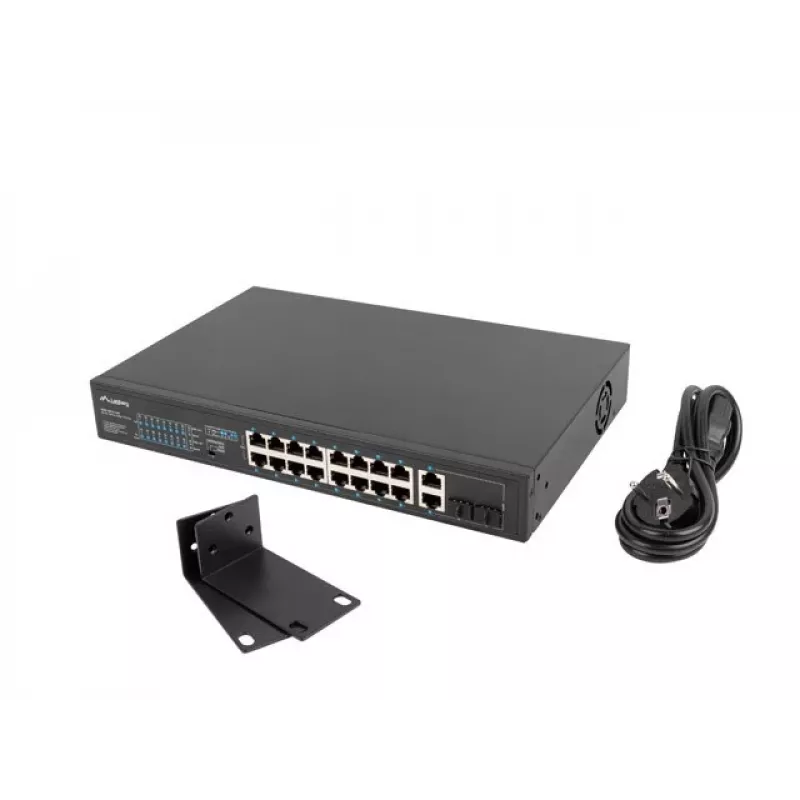 Unmanaged switch LANBERG RSFE-16P-2C-250 — 18-port Gigabit, 16x PoE+ (30W), 2x SFP, 250W, 1U, metal, rack-mount