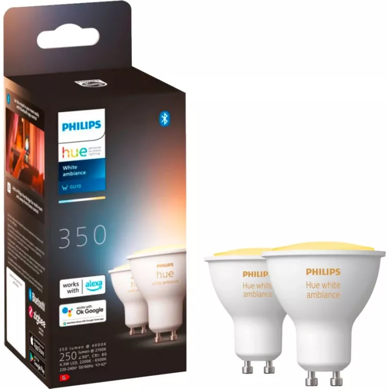 LED GU10 lamp twin pack with Hue Bridge – Philips Hue White Ambiance, replaces 35W