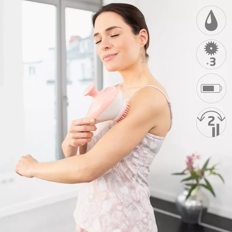 Handheld rolling massager Medisana AC 950 — cordless Li‑Ion, 2 power levels, ergonomic handles, 381 g, rose gold/white