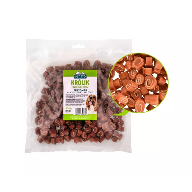 Dog training treats PETITTO Sushi rabbit with fish 500 g, protein 28%, fat 7%, moisture 23%