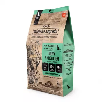 Dry dog food wiejskazagroda Turkey with Rabbit S 9 kg — complete dry feed for small adult dogs, protein 32%, fat 21%