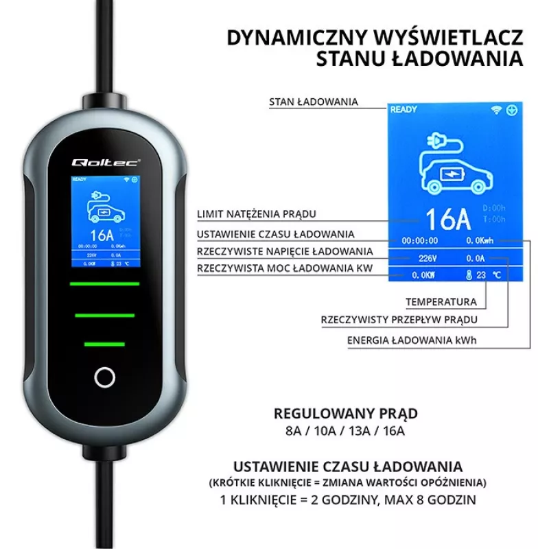 Electric car charger QOLTEC Mobile EV 2in1 Type2 11 kW 400 V Wi‑Fi TUYA SMART LIFE LCD portable wallbox 5 m cable