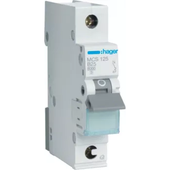 Hager MCS125. Rated Current: 25 A. Type: C-type, Module Quantity (max): 1 Module(e). Width: 17,5 mm, Depth: 70 mm, Height: 83,4 mm (MCS125)