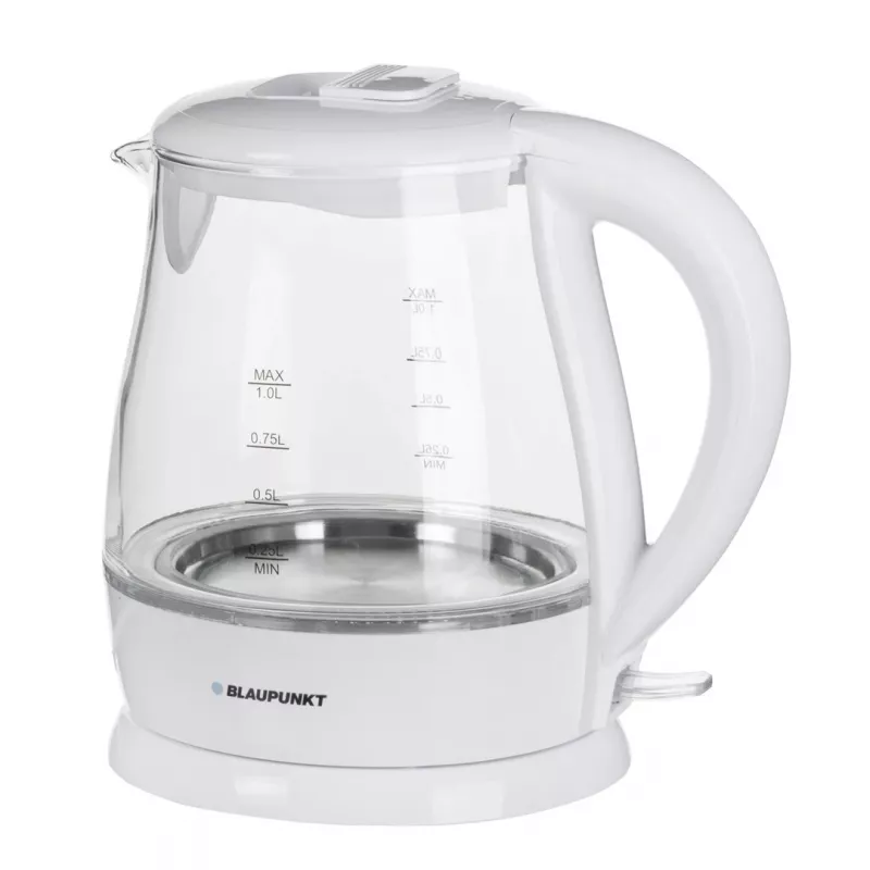 Electric kettle BLAUPUNKT 1 L 1630 W White — glass body, 360° base, button lid